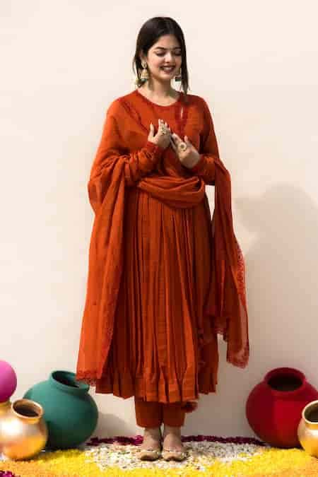 Buy Orange Muslin, Chanderi, Cotton Gulmohar Full Sleeve Angrakha ...
