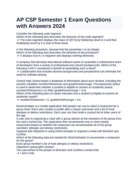 AP CSP Semester 1 Exam Questions with Answers 2024 | Exams Computer ...