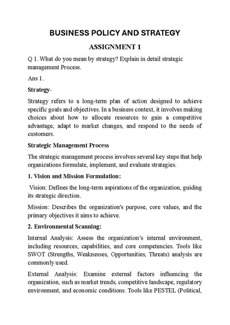 BPS Assignment 1 - BUSINESS POLICY AND STRATEGY ASSIGNMENT 1 Q 1. What ...