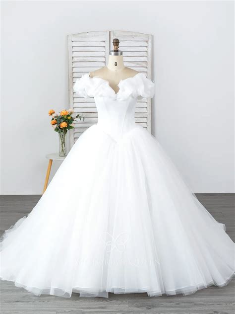 VQ White Ruffled Organza Cinderella Ball Gown Wedding Dress