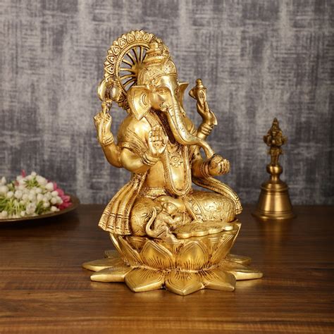 Pure Brass Lord Ganesha on Lotus Base | 11 Inch Height | Elegant Desig ...