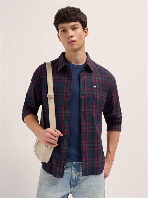 Shop Blue and Red Checked Cotton blend Relaxed Fit Overshirt Online ...