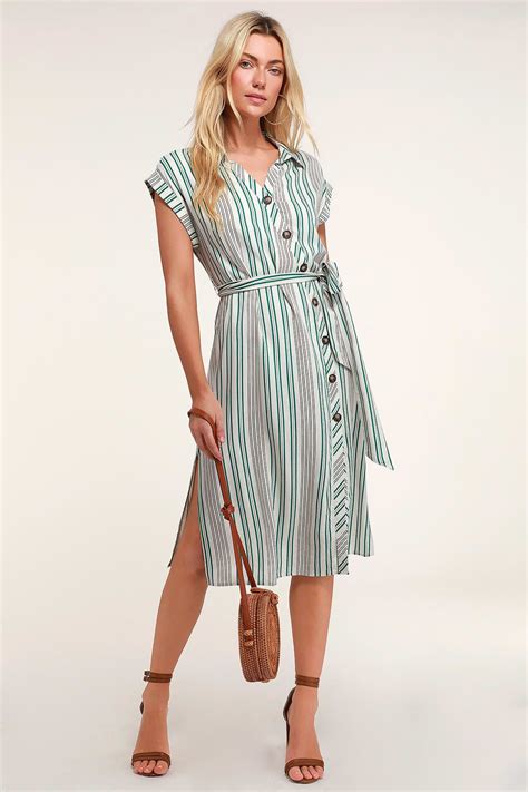 Back to Classics Green and White Striped Midi Shirt Dress | Crochet ...