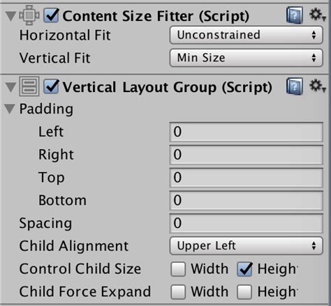 Unity 3D Vertical Layout Group 的图像结果