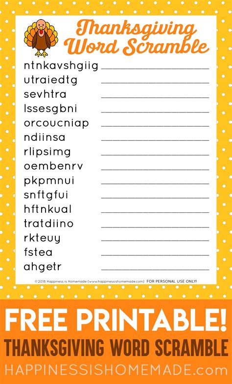 Thanksgiving Word Scramble Printable Free | Fanny Printable