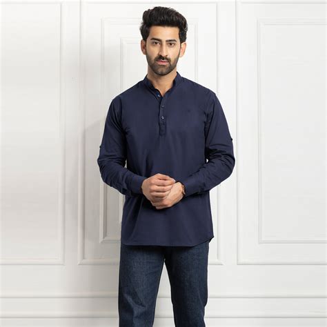 Cotton Mandarin Collar Short Kurta- Navy Blue