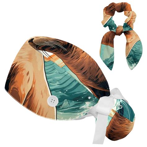 Sea Lion Surgical Cap with Buttons/ Bow Hair Scrunchy for Long Hair - Walmart.com