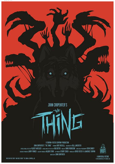 a movie poster for the thing with a wolf on it's face and hands coming out
