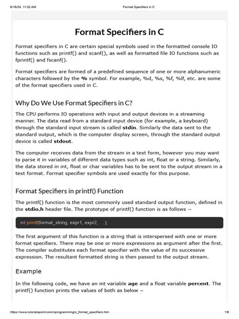 Image result for Format Specifiers and Variable Types in C