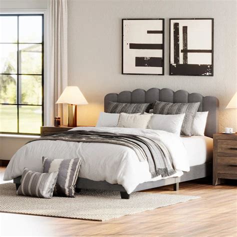 Upholstered Platform Bed With Velvet And Striped Headboard