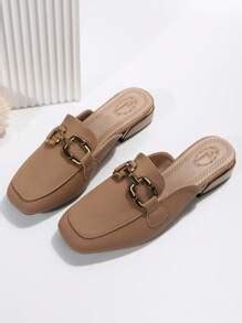 2025 Autumn Women Metal Buckle Half Slipper Mules, Square Toe Patent ...