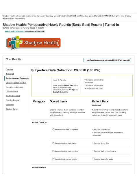 Shadow Health: Perioperative Hourly Rounds (Sonia Best) Results | Tu ...