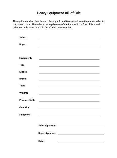 Equipment Bill of Sale Heavy Machinery Sale Contract Commercial Parts Dealer Proof of Purchase ...