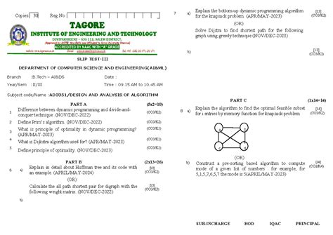 UNIT TEST 3 DAA QP - Dynamic Programming & Dijkstra's Algorithm - Studocu