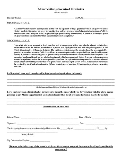 Fillable Online Maine Minor Visitor(S) Notarized Permission Form ...