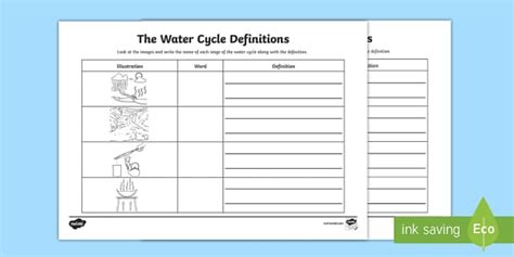 Water Cycle Definitions Worksheet, Describe the Water Cycle