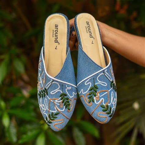 Palm Blue Mules | Premium Embroidered Casual Beach Footwear – aroundalways