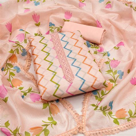 Peach Printed Kota Doria Dress Material