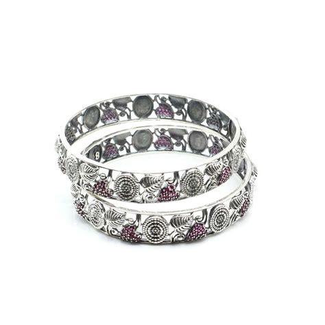 Real 925 Silver CZ Women Oxidized Bangles Pair - 6.2 CM – Karizma Jewels