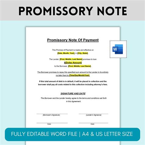 Buy Promissory Note, Editable Promissory Note for Payment, Simple ...