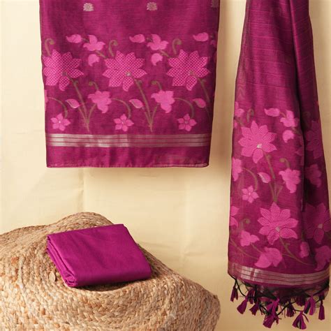 Dewy Bloom Rani Pink Muga Cotton Jamdani Unstitched Suit Set – Gajarai