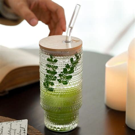 Buy KLICKIO®Raindrop Drinking Glasses with Bamboo Lid & Glass Straw ...