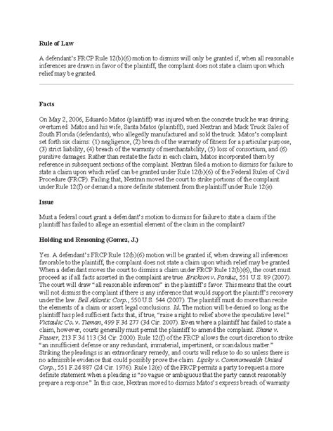 Civ Pro Week 13: FRCP Rule 12(b)(6) Motion to Dismiss Analysis - Studocu