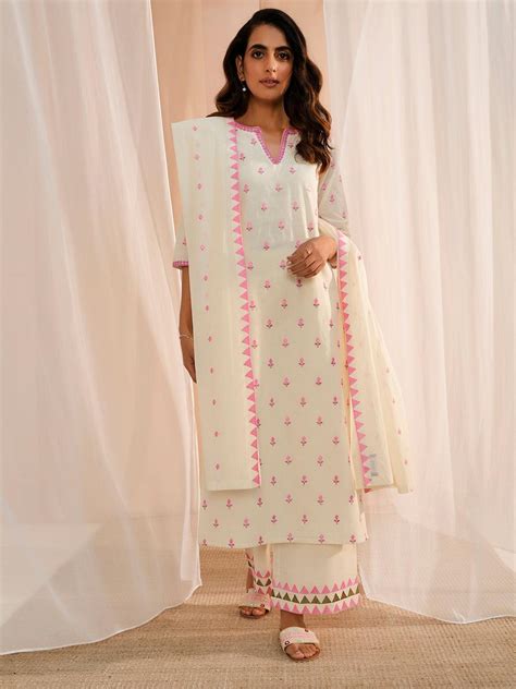 Buy Off White Embroidered Cotton Straight Suit With Dupatta Online at ...