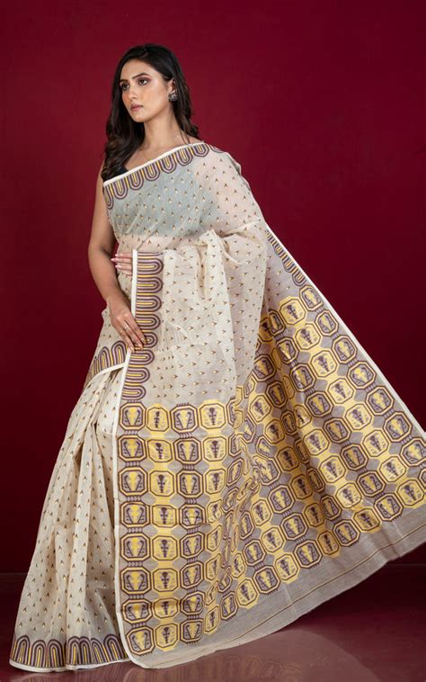 Handwoven Jamdani Saree in Off White, Yellow and Chocolate Brown ...