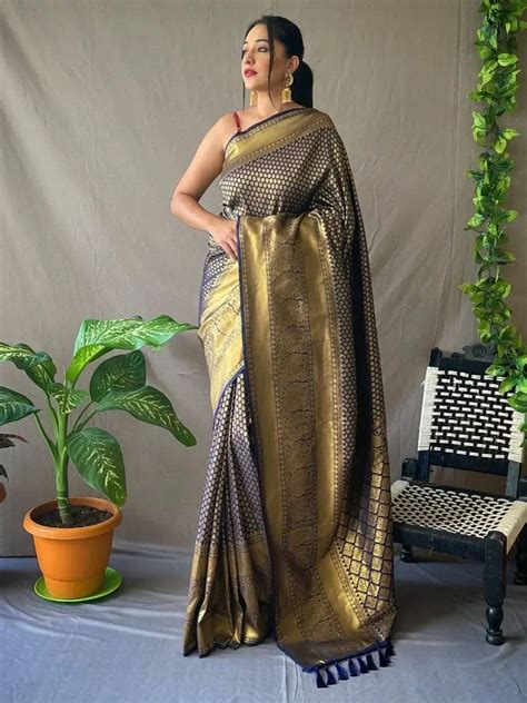 Buy Navy-Blue Jacquard Kanjeevaram Silk Wedding Saree With Blouse From ...