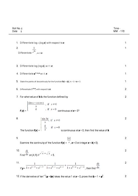 Grade 12 Practice: Differentiation and Continuity Problems - Studocu