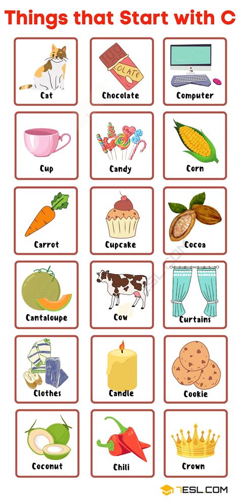 Things that Start with C in English • 7ESL | Flashcards for kids, Kinds ...
