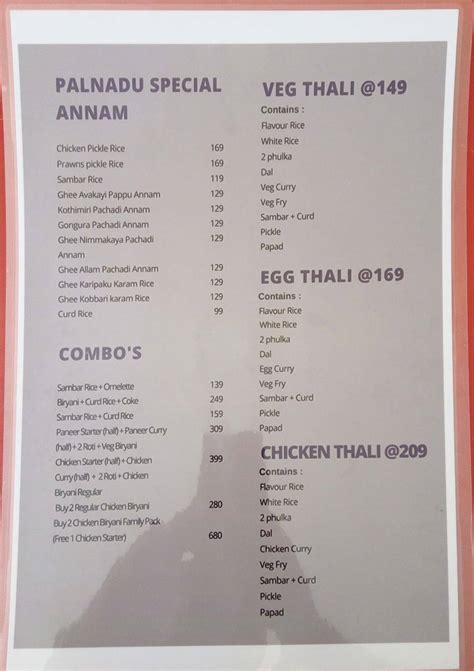 Menu at Palnadu Ruchulu, Hyderabad