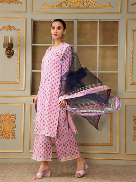 SAADGI BLUE PAISLEY PINK STRAIGHT SUIT SET – Pomcha Jaipur