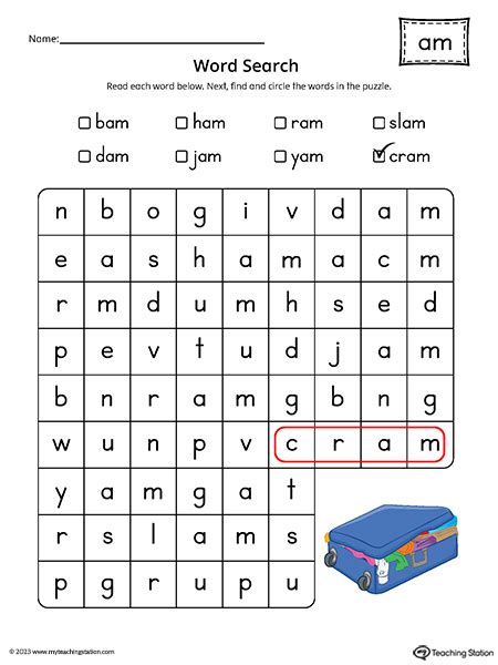 AM Word Family Word Search Printable PDF | MyTeachingStation.com