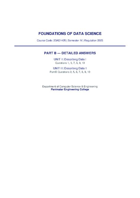 FDS 23AD1405 Unit II & III Detailed Answers on Data Analysis - Studocu