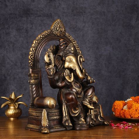 Pure Brass Superfine Lord Ganesha Seated on Throne Dual Tone Sculpture ...
