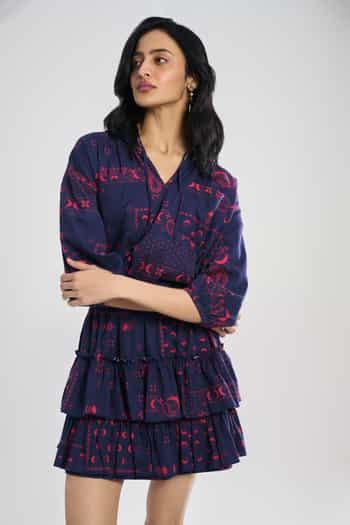 Buy Blue Cotton V-neck Cosmic Medley Print Short Dress For Women by ...