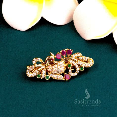 Trendy Peacock AD Saree Pin - Traditional Micro Gold Plated Accessory ...