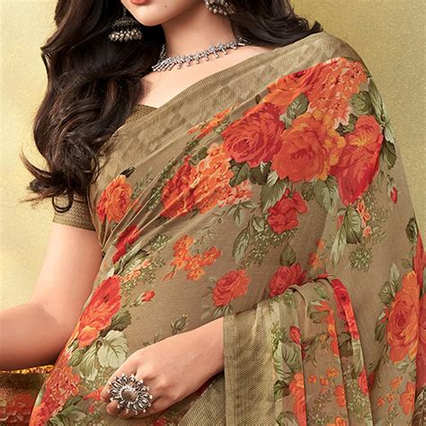 Beige Casual Wear Floral Printed Chiffon Saree