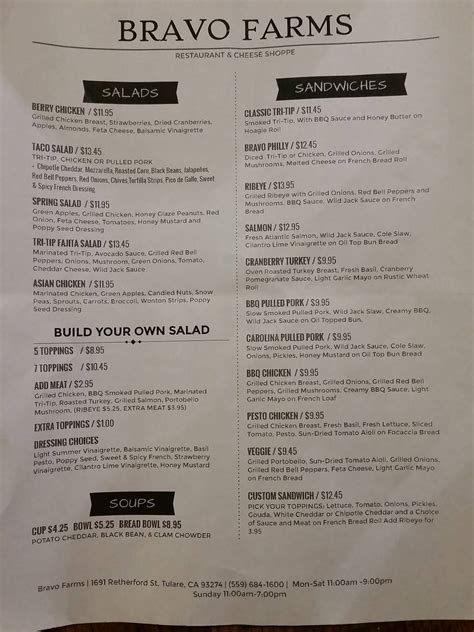 Menu at Bravo Farms Restaurant, Tulare