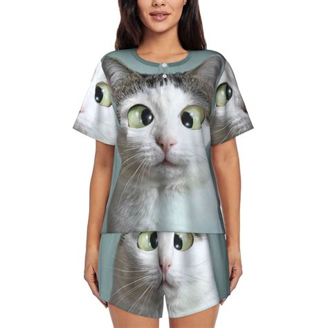 Cauagu Funny Cat for Women's Round Neck Pajama Set,Short-Sleeved ...