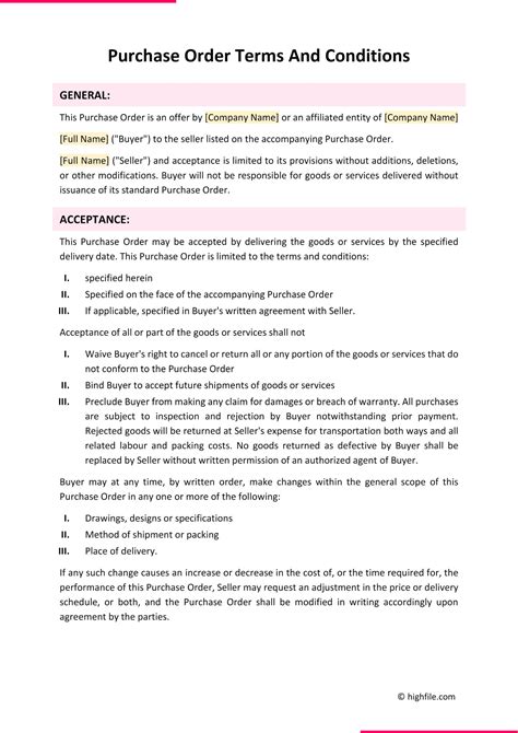 Free Purchase Order Terms And Conditions Template - Highfile