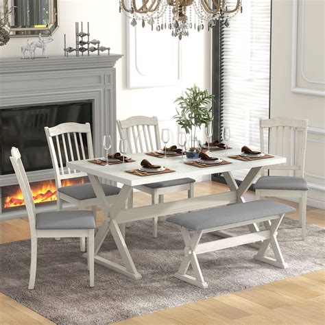 6-Piece Rustic Dining Set for 6, 59" L Rectangular Trestle Table with 4 ...