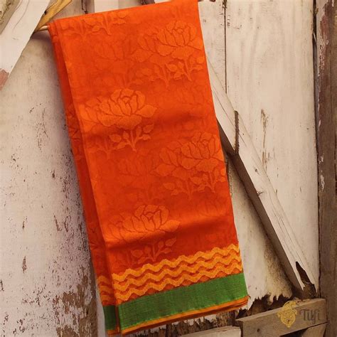 Orange Pure Kora Net Banarasi Handloom Saree - Tilfi