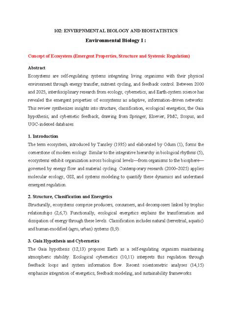 102: ENVIRONMENTAL BIOLOGY AND BIOSTATISTICS - Ecosystem Concepts and ...