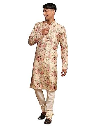 Buy VASTRAMAY Men's Cream And Brown Silk Blend Kurta Pyjama Set ...