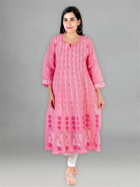 Seva Chikan Hand Embroidered Pink Cotton Lucknowi Chikankari Anarkali-