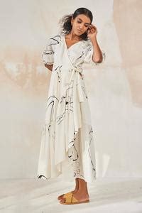 Buy White Cotton V Neck Printed Wrap Dress For Women by Kharakapas ...