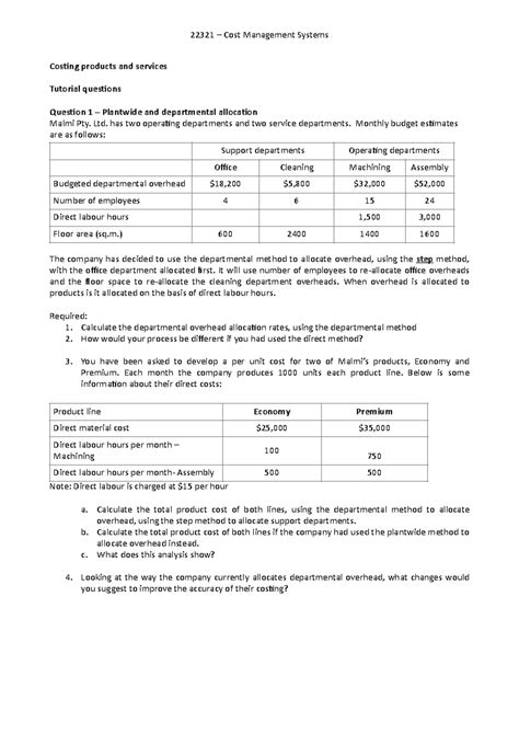 22321 - Topic 3 Tutorial questions - 22321 – Cost Management Systems ...